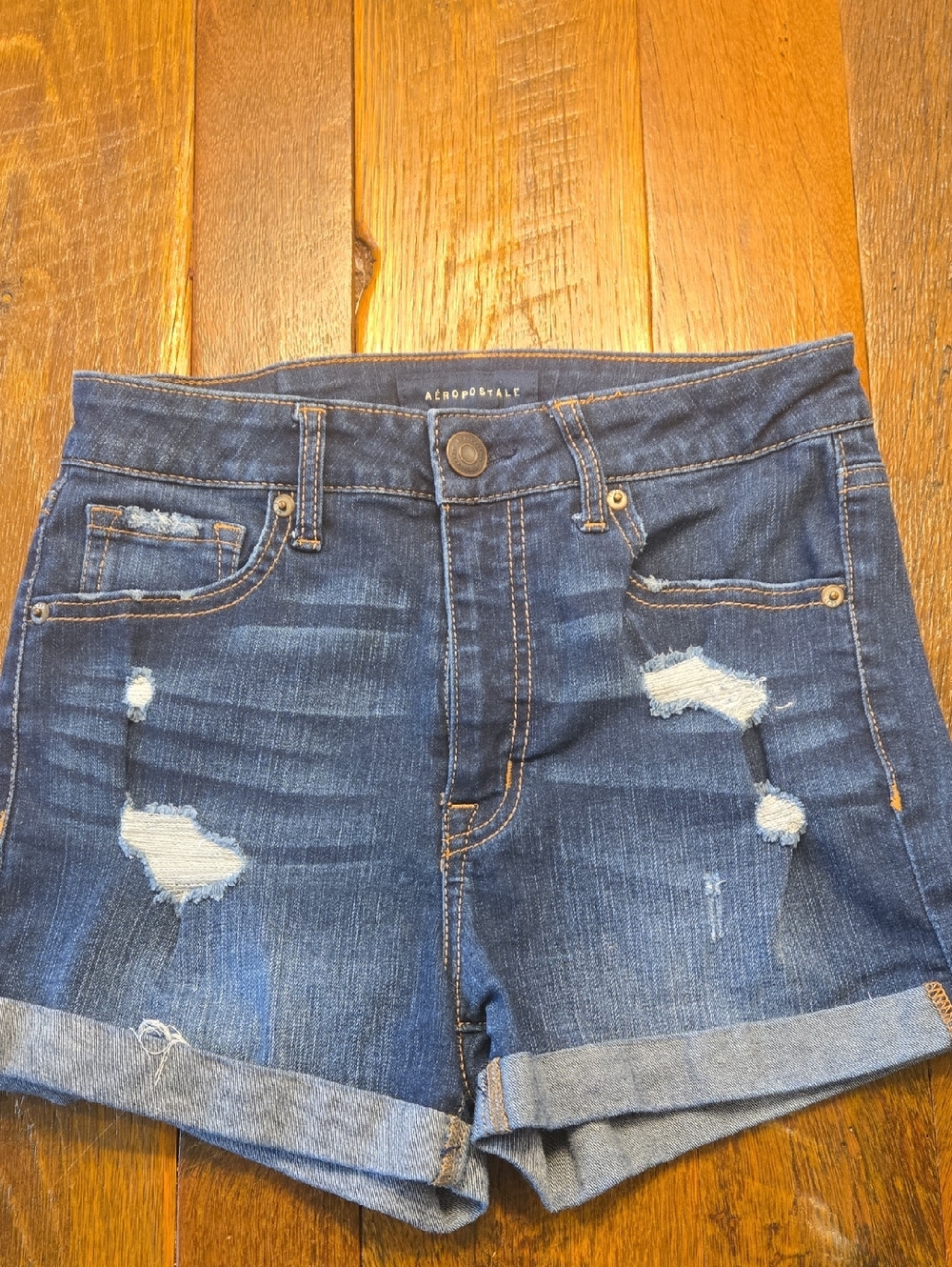 Aeropostale 2 Super High Rise Midi Dark Blue Distressed Denim Shorts